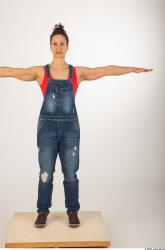 Whole body modeling pose blue jeans red singlet of Rebecca